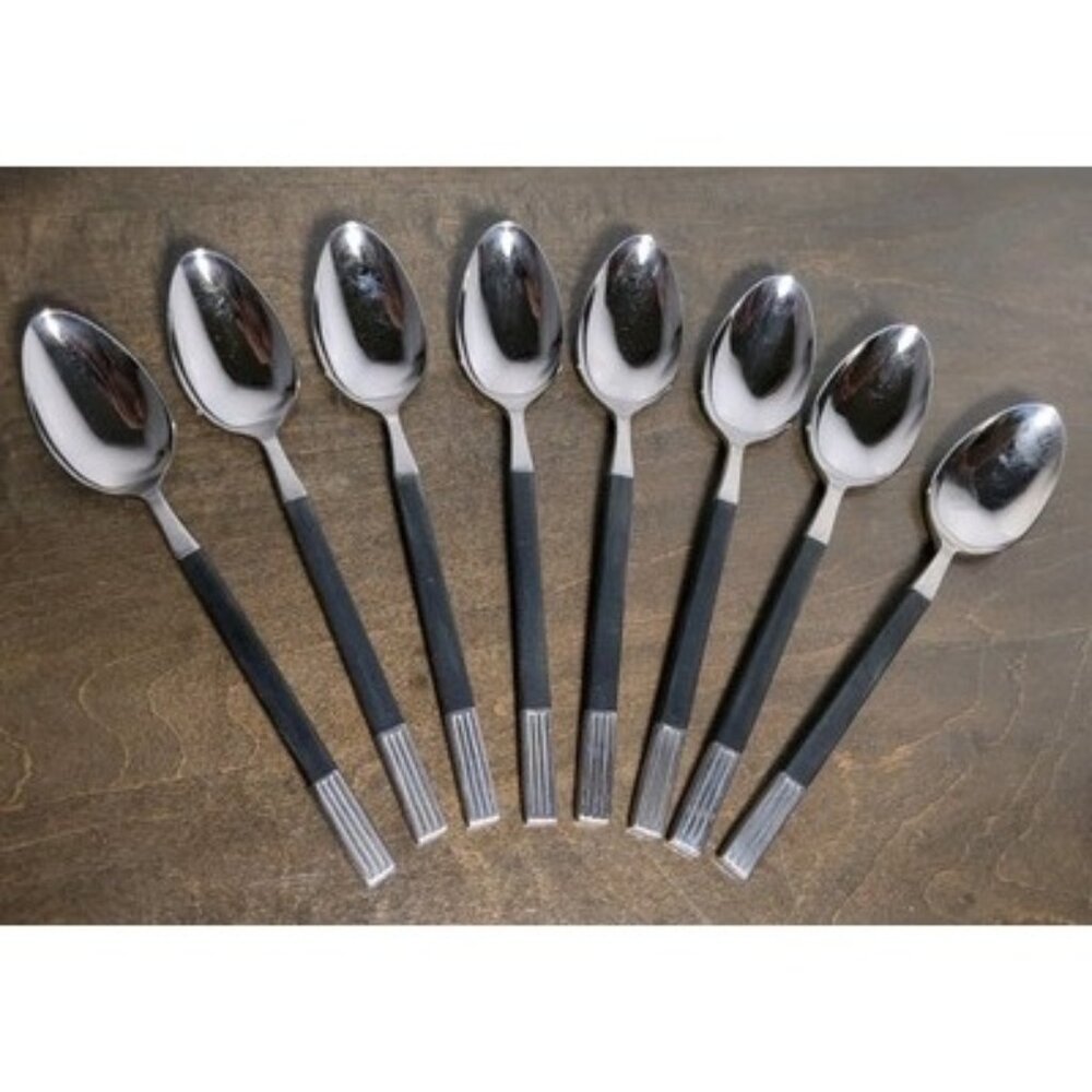 Vtg. MCM Epic Brand Forged Stainless Steel Tea Spoon Set Of Eight Black Handles